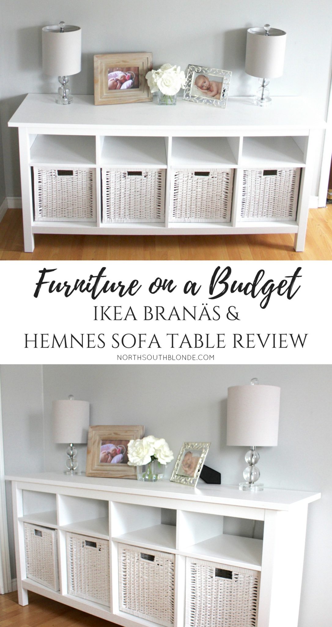 The Hemnes Sofa Table from Ikea is an affordable, beautiful and timeless white piece of furniture that can serve multiple purposes in your home! Buffet Table | Sideboard | Console Table | Media Table | TV Stand | Home Decor | Furniture | Affordable | Ikea Hemnes Console Table | Sofa Table | Branas Baskets | Entryway | Mudroom | Toy Storage | Toy Room Organization | Ikea Review | Dimensions | Basket Size | Measurements | Family Friendly | Mom Approved | Home design | Decor Accents | Side Table |