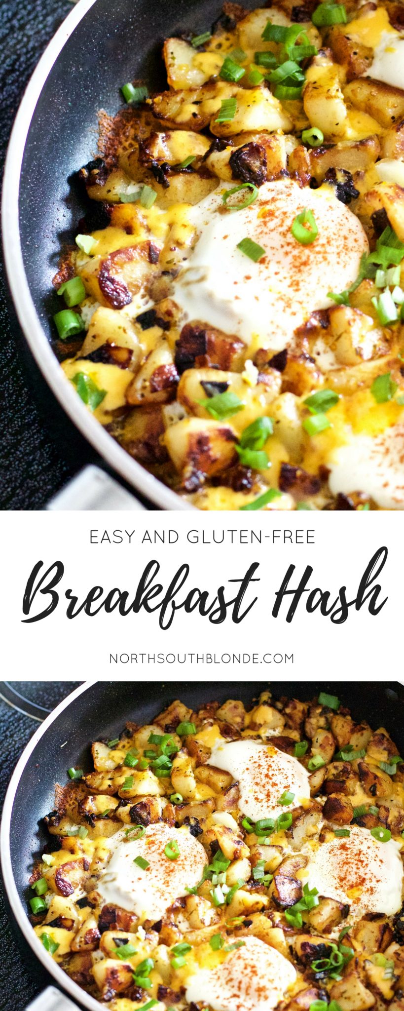 Gluten-Free Breakfast Hash - Scrumptious, hearty, full of protein breakfast hash that is sure to coat the stomach. Super easy to make, and oh so cheesy! Recipe | Quick | Eggs | Breakfast | Brunch | Lunch | One Pan | Potatoes | Cheese | Potato Hash | Poached | Over Easy | Potato Egg Hash | Easy Recipes | Gluten-Free Breakfast | Breakfast Skillet | Fried Potatoes | Hashbrowns | Potato Hashbrown |