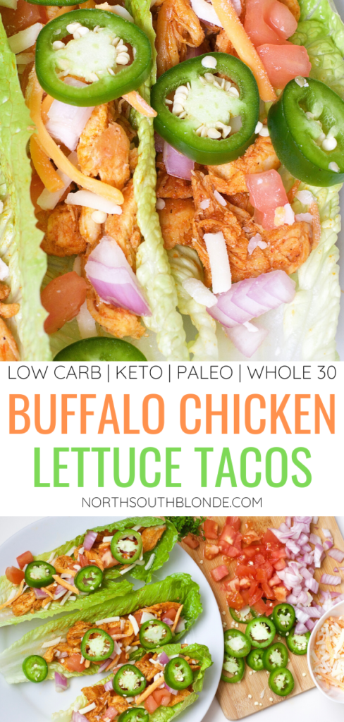 Light, crispy and delicious Buffalo Chicken Lettuce Tacos are made in 20 minutes or less. An easy, gluten-free, low carb, keto and paleo recipe. Enjoy the wraps as an appetizer or main dish. Mexican Recipes | Lettuce Tacos | Chicken Tacos | Spicy | Hot Sauce | Summer Recipe | Game Night | Date Night | Dinner | Low Carb | Ketogenic | Keto | Weight Loss | Buffalo Chicken | Paleo | Easy Dinner | Salad | Romain Lettuce | Lettuce Taco Shells | Lettuce Wraps |