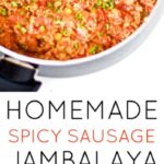 Homemade spicy sausage jambalaya is savoury and mouth watering. An easy and healthy one pot dinner recipe that's perfect for spicy food lovers, easy to cook up and a hearty, wholesome, and gluten-free meal. Family Friendly | Gluten-Free Rice | Main Dish | Dinner Recipe | Southern Dish | Southern Recipes | Cajun | Seasoning | From Scratch | Spicy Sausage | One Pot Meal |