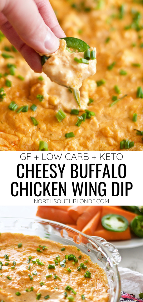 Entertain with this incredibly cheesy buffalo chicken wing dip - delicious, keto and low carb appetizer perfect for game night or a party! Party Food | Healthy | Low Carb | Keto | Appetizer | Keto Dip | Veggie Dip | Spicy | Buffalo Wing Dip | Chicken Wing Dip | Camping Food | Game Night Recipe | Cheesy Dip | Gluten-Free | 