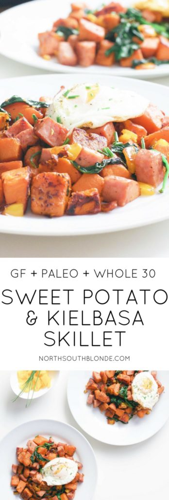 This healthy sweet potato and kielbasa skillet is high in protein and fibre, a hearty whole 30 approved breakfast made in only 20 minutes. One pot | Easy | Paleo Breakfast | Paleo Recipes | Whole 30 Recipes | Uncured Meat | Sugar Free | Non GMO | Gluten-Free | Weight Loss | Low Carb | Low Fat | Brunch | Lunch Recipe | Lunch | Organic | Clean Eating | Breakfast Hash | Filling | Fitness | Wholesome | Crispy | 