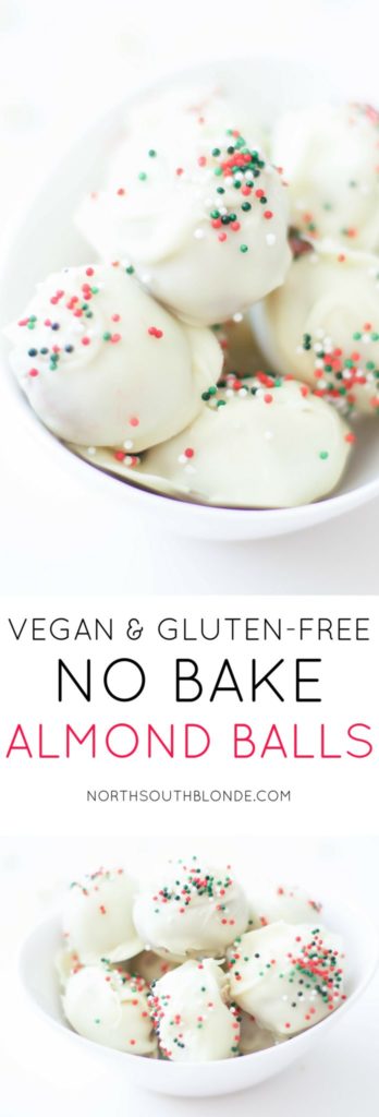 No-bake Almond Balls are a scrumptious holiday dessert and are made with only 5 ingredients! 4 Ingredients if excluding the sprinkles. This healthy recipe is gluten free, grain free, vegetarian, and vegan. High in healthy fats and fibre, fun to make with the kids, a perfect guilt-free Christmas dessert! Kid-friendly | Almond balls | Almond Butter | Easy | No-Bake | No Bake | Raw | Organic | Clean Eating | Refined Sugar Free | Dairy Free | Grain Free | Desserts |