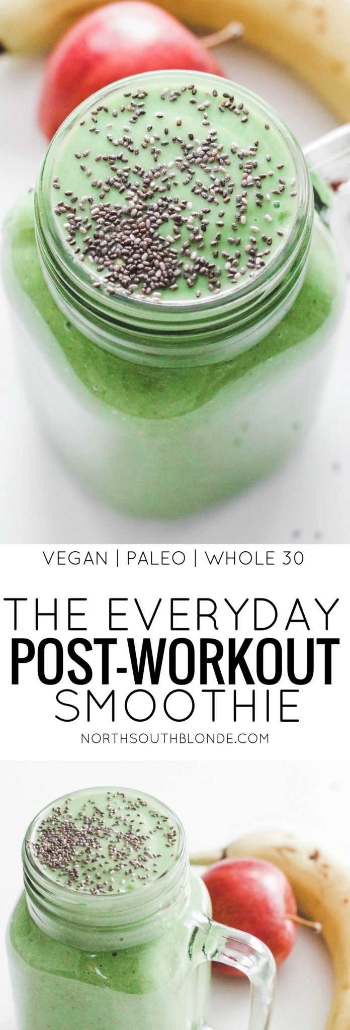 This everyday post-workout smoothie is quick and easy to make on the regular and necessary to better digestion, boost the metabolism, recover after exercise, and aid in weight loss. Green smoothie | Vegan | Whole 30 | Breakfast | Lunch | Meal Replacement | Low carb | Low calorie | Quick and Easy | Fibre | Protein | Fitness | Exercise | Get in Shape | Get Fit | Loose Weight | Detox | Cleanse | Healthy | Nutrition | Good for you | Post Workout | Morning smoothie | Paleo | Super Food | Recovery |