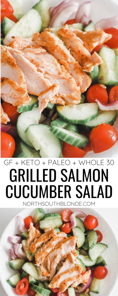 Full of flavour and light and healthy! A delicious seafood salad for lunch or dinner and made in under 15 minutes. Family, kid-friendly, and great for weight loss. Protein | Omega-3's | Super Foods | Easy Recipes | Gluten-Free Recipes | Paleo Recipes | Whole 30 Recipes | Dinner Recipes | Mains | Lunch Recipes | Lose Weight | Healthy Recipes | Salmon Salad | Cucumber Salad | Main Course | Summer Recipes | Low Fat | Low Carb | Low Cal | Keto | Ketogenic | Keto salad | Seafood | Weight Loss