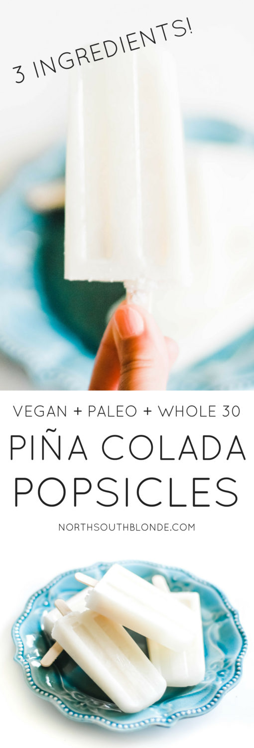 Creamy, healthy, refreshing, and extremely easy to make with only 3 ingredients! Keep it virgin for the kids! Ice Pops | Popsicles | Dairy Free | Pina Colada Recipe | Popsicle Molds | Homemade | From Scratch | Boozy | Alcohol | Summer | Vegan | Paleo | Whole 30 | Weight loss | Healthy Snacks | Snacks for Kids | Popsicle Recipe | Coconut | Pineapple | Sugar Free | 