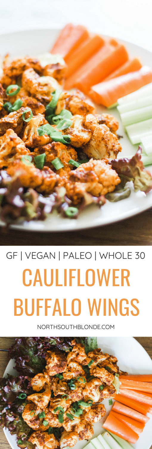 Cauliflower Buffalo Wings are low carb, crispy, and have the perfect amount of hotness. Enjoy at dinner, on game night, or serve them as a tasty appetizer! Vegan Wings | Paleo | Whole 30 | Dinner Recipes | Easy Dinners | Dinner Ideas | Appetizers | Side Dish | Spicy | Mexican | Veggies | Fibre | Low Calorie | Gluten Free | Grain Free | Plant Based | Clean Recipes | Cauliflower Bites | Buffalo Wing | Hot Sauce | Crispy | Oven Baked | Healthy Eating Ideas |