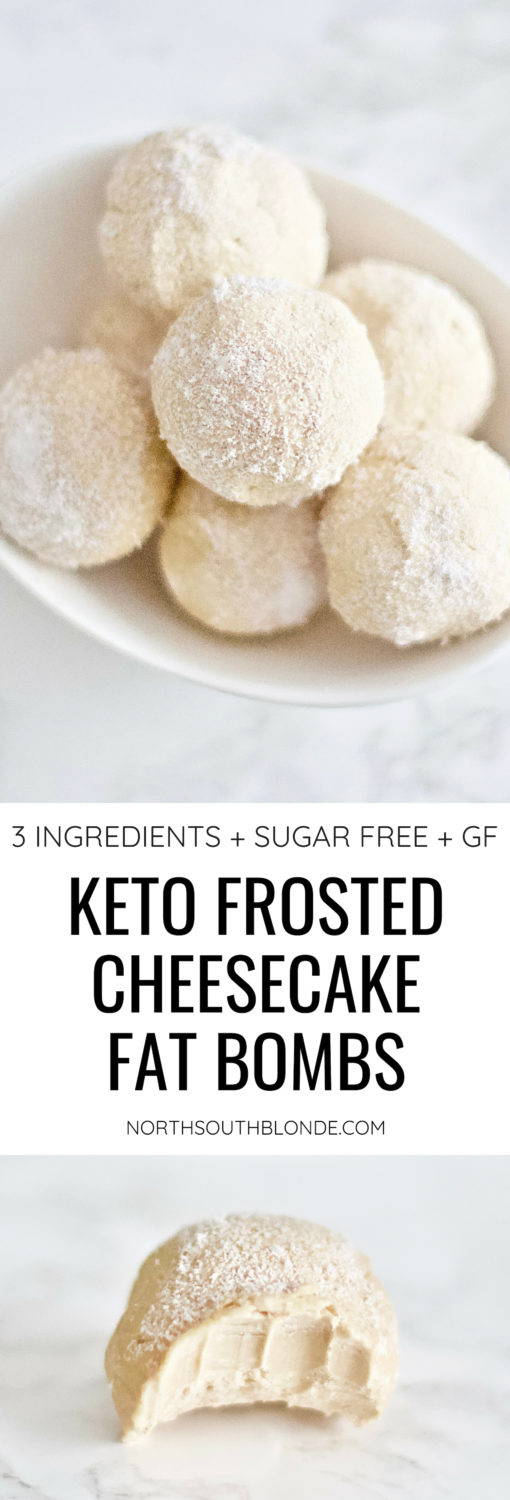 Stay in ketosis this Christmas with these frosted cheesecake fat bombs. They're absolutely scrumptious, easy to make, low carb, sugar free, and gluten-free! 3 Ingredients | Keto Desserts | Dessert Recipe | Low Carb | Weight Loss | High Fat | Healthy Fats | Keto Friendly | No Bake | Frozen | Peanut Butter | Treat | Balls | Sugar Free | Gluten Free | Holiday Recipes | Christmas Dessert | Christmas Recipe | Snow | Snowball | Easy Recipes | Keto Snacks | Bite Sized | 