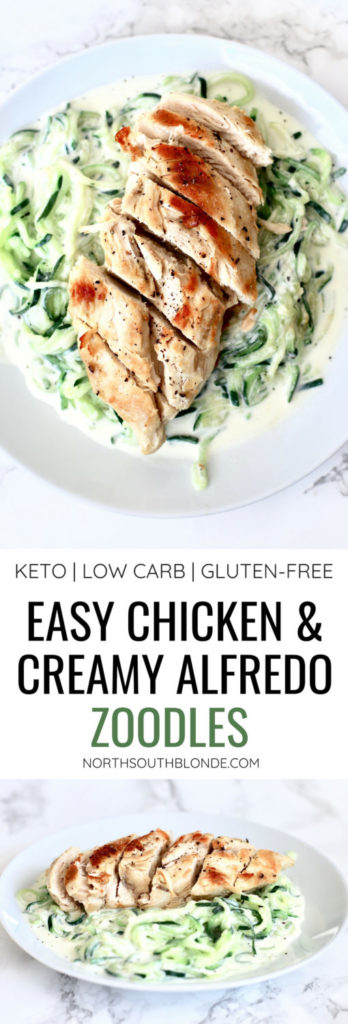 The easiest and healthiest dinner you can make! Zoodles, aka zucchini noodles, are the best dinner alternative to pasta, being keto friendly and low in carbs so you can lose the weight. Keto | Ketogrenic | Sugar Free | Alfredo Sauce | Low Carb | Lose Weight | Weight Loss | Meal Ideas | Healthy Recipe | Gluten-Free Recipes | Lunch | Chicken |