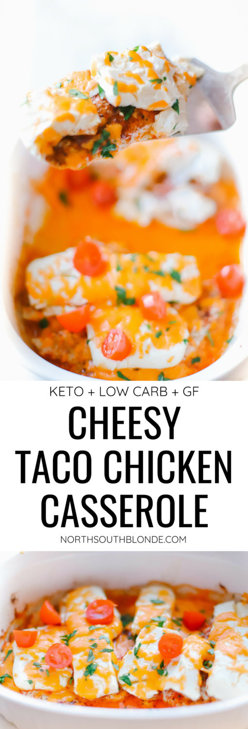 A one pot dinner recipe that's ready in 20 minutes. Tons of flavour and great for keeping your macros in check. Gf, low carb, and ketogenic. Keto dinner recipe | taco chicken | one pot dinner | quick fast and easy | cheesy chicken | gluten-free dinner | chicken casserole | oven baked chicken | cream cheese | keto chicken recipes | main course meals | 