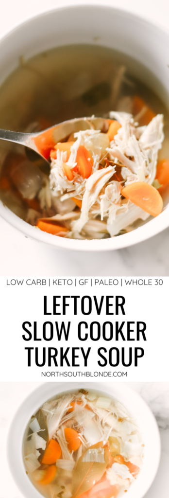 Warm, hearty, and healthy slow cooker turkey soup puts the leftovers to good use! Perfect for after a Thanksgiving or Christmas turkey dinner, a recipe that's gluten-free, keto, paleo, and whole 30 friendly. Low Carb | Soups | Soup Recipes | Slow Cooker Soup | Crock Pot | Healthy Soup | Weight Loss | Fat Burning | Protein | Atkins | Ketogenic | Easy Soup Recipe |