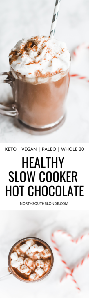 This homemade hot chocolate is deliciously decadent and creamy, using dairy free, sugar free ingredients to help with your weight loss goals. A holiday recipe the whole family will love and perfect for Christmas! Drinks | Drink Recipe | Dessert | Sugar Free | Dairy Free | Vegan | Keto | Ketogenic | Gluten-Free | Whole 30 | Paleo | Healthy | Christmas Recipe | Hot Cocoa | Chocolate | Crock Pot |