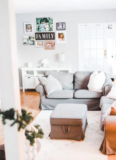 This is our living room home tour with minimal, cozy, and affordable Christmas decorations for the holiday season. I'll be linking everything from our rug, furniture, and accents, to our Christmas tree and electric fireplace. Home Design | Home Decor | Christmas Decor | Christmas Decorations | Deck The Halls | Holiday Decorating | Xmas Tree | Ikea Ektorp Sofa | Nordvalla Grey | Hemnes Sofa Table | TV on Top of Fireplace | Mantel |