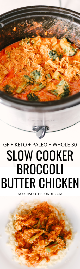 Homemade Slow Cooker Butter Chicken on top of cauliflower rice is sugar free, grain free, dairy free, and low carb. Powerful ingredients for optimal health and weight loss. Keto Butter Chicken | Dinner | Entrees | Slow Cooker | Crock Pot | Indian Cuisine | Healthy | Weight Loss | Ketogenic | Gluten-Free | Whole 30 | Paleo | Kid Friendly | Homemade | Butter Chicken Sauce | Family Dinner | Easy Slow Cooker Recipe | Broccoli and Chicken | Entree Dish |