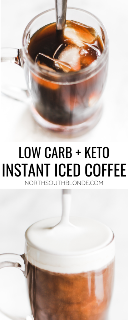 Keto instant iced coffee is sugar free and refreshing for summer! Creamy, quick and easy, made with heavy whipping cream and MCT powder to keep you in ketosis and fat burning mode. Iced Coffee Made With Instant Coffee | Keto Iced Coffee | Low Carb | Keto Drinks | Keto Coffee | Iced Coffee Recipe | Whipping Cream | MCT Powder | Ketogenic | Ketosis | Breakfast | Dessert | Summer | Easy | Quick | Summer Drink Recipe |