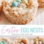 Rice Krispie and Mini Egg Nests are a fun Easter treat and activity for kids! An easy no-bake dessert with mini eggs and pastel sprinkles. No-Bake Dessert | Easter Desserts | Easter Treats | Quick and Easy | Chocolate Egss | Cadbury Mini Eggs | Spring Activities | Food for Kids | Easter Nests | Edible Nests | Easter Recipes | Rice Krispie Nests | Rice Crispy | Rice Crispies | Activity for Kids | Easter Fun |