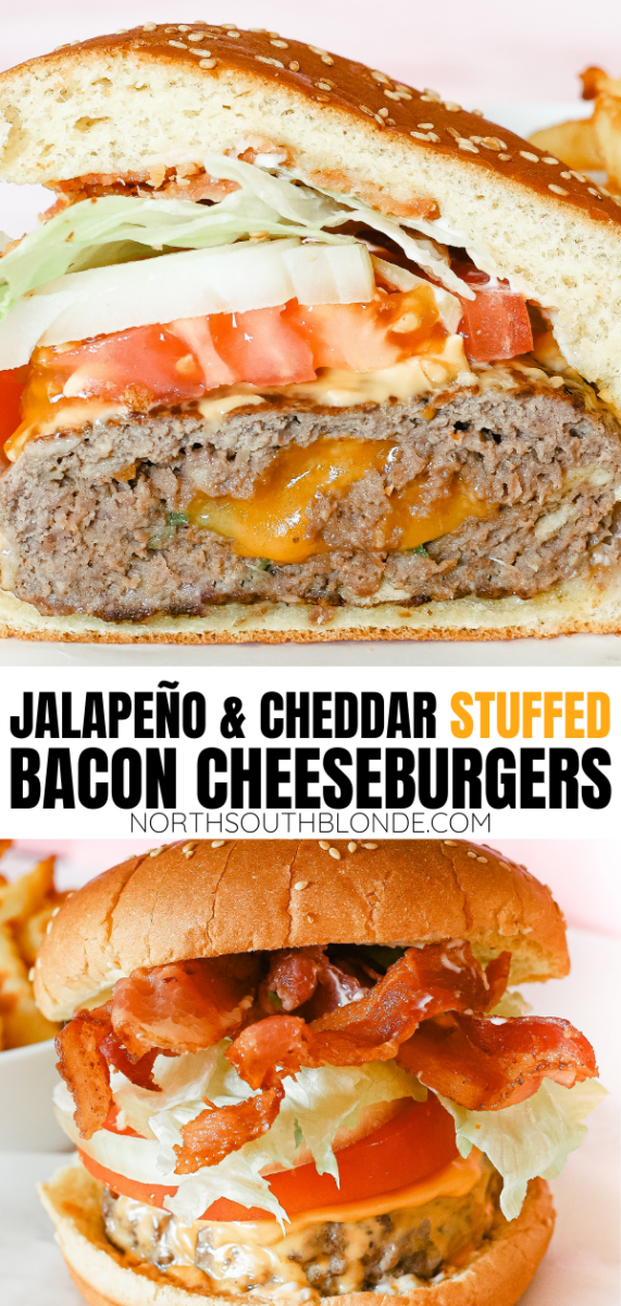 The ultimate treat for lunch or dinner this grilling season. A juicy and delicious stuffed burger recipe that's bursting with flavour! Homemade Burgers | Cheeseburger Recipe | Burger Recipes | Stuffed Burgers | Bacon Burgers | Cheesy | jalapenos | jalapeno and cheese | grilled | bbq recipes | grilling | bbq dinner | bbq lunch | Gourmet Burger Recipe |