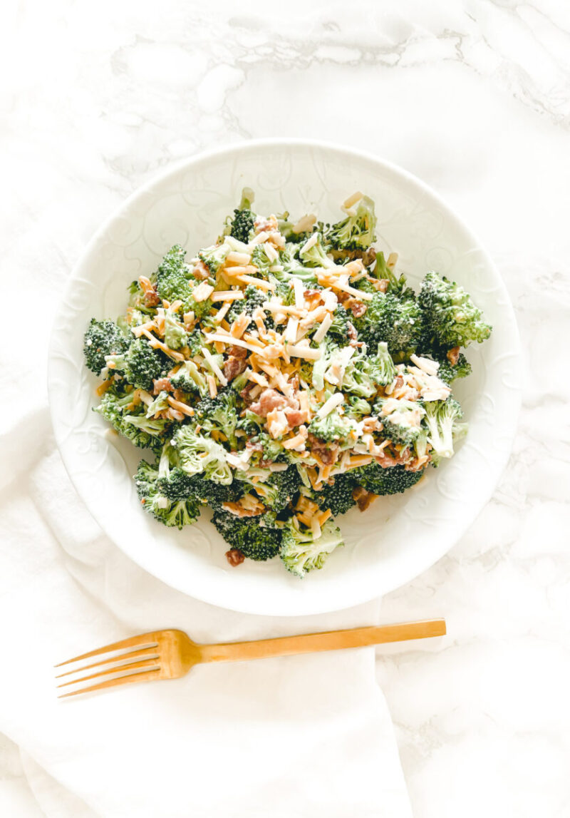 This easy Keto Broccoli Salad is a classic side dish for summer! Full of flavour and naturally gluten-free, low carb, healthy and satisfying. Dinner | Lunch | Keto Recipe | Low Carb Recipe | Summer Salad | Broccoli Salad | Quick and Easy | BBQ Side Dish | Weeknight Dinner | Broccoli and Cheddar | Broccoli and Bacon | Loaded Broccoli | Raw Vegetable Salad |