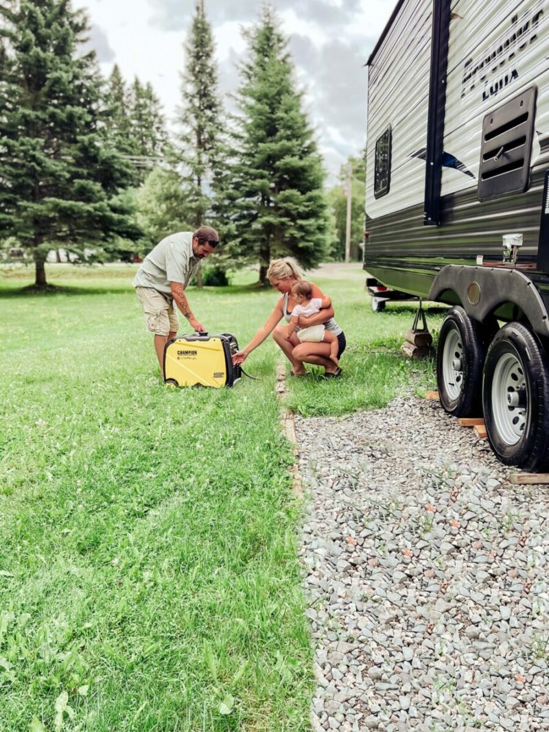 Review of the quietest most dependable generator for RV camping - the Champion 4500-Watt Duel Fuel Inverter Portable Generator is powerful and easy to use! Family camping | RVing | Camper Trailer | Boondock | Boondocking | Canadian Living | Northern Ontario | Champion Generators | Price | Review | Setup | Off-Grid | Glamping | Family Travel |