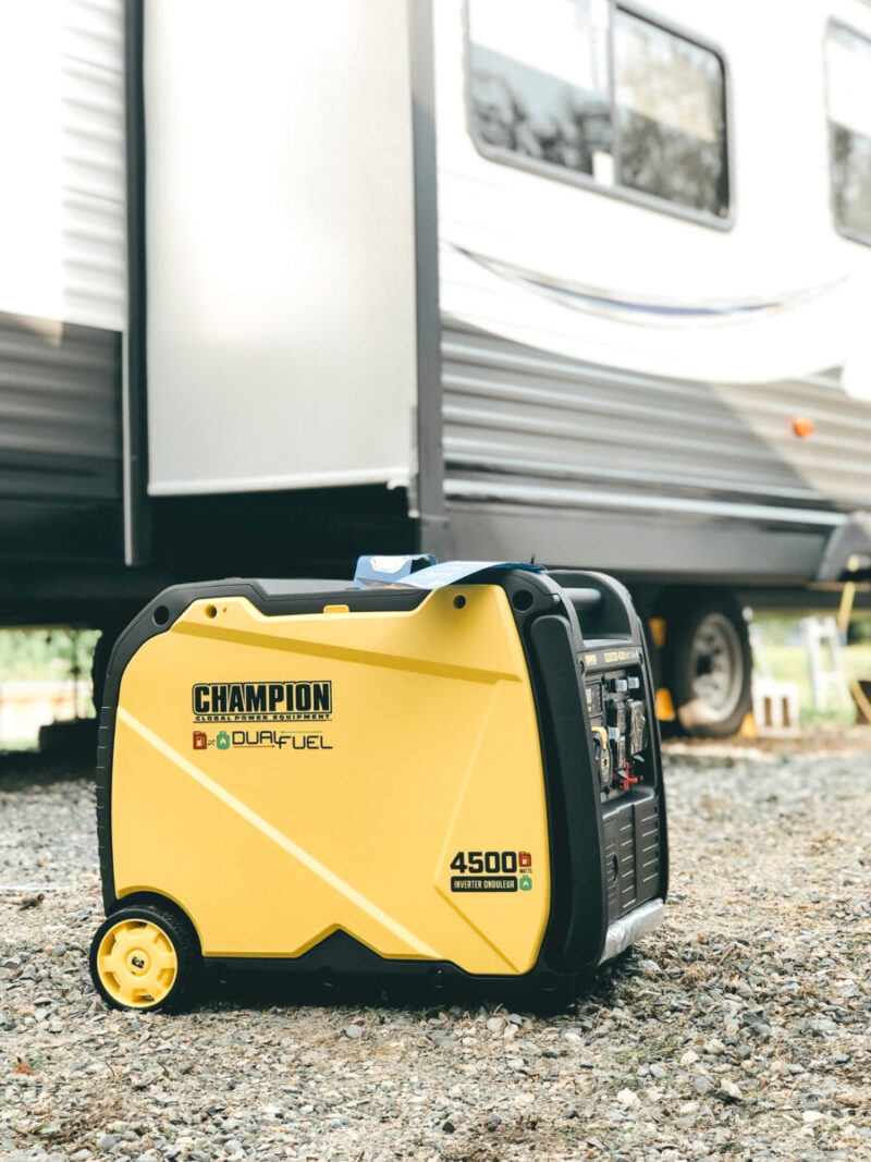 Review of the quietest most dependable generator for RV camping - the Champion 4500-Watt Duel Fuel Inverter Portable Generator is powerful and easy to use! Family camping | RVing | Camper Trailer | Boondock | Boondocking | Canadian Living | Northern Ontario | Champion Generators | Price | Review | Setup | Off-Grid | Glamping | Family Travel |