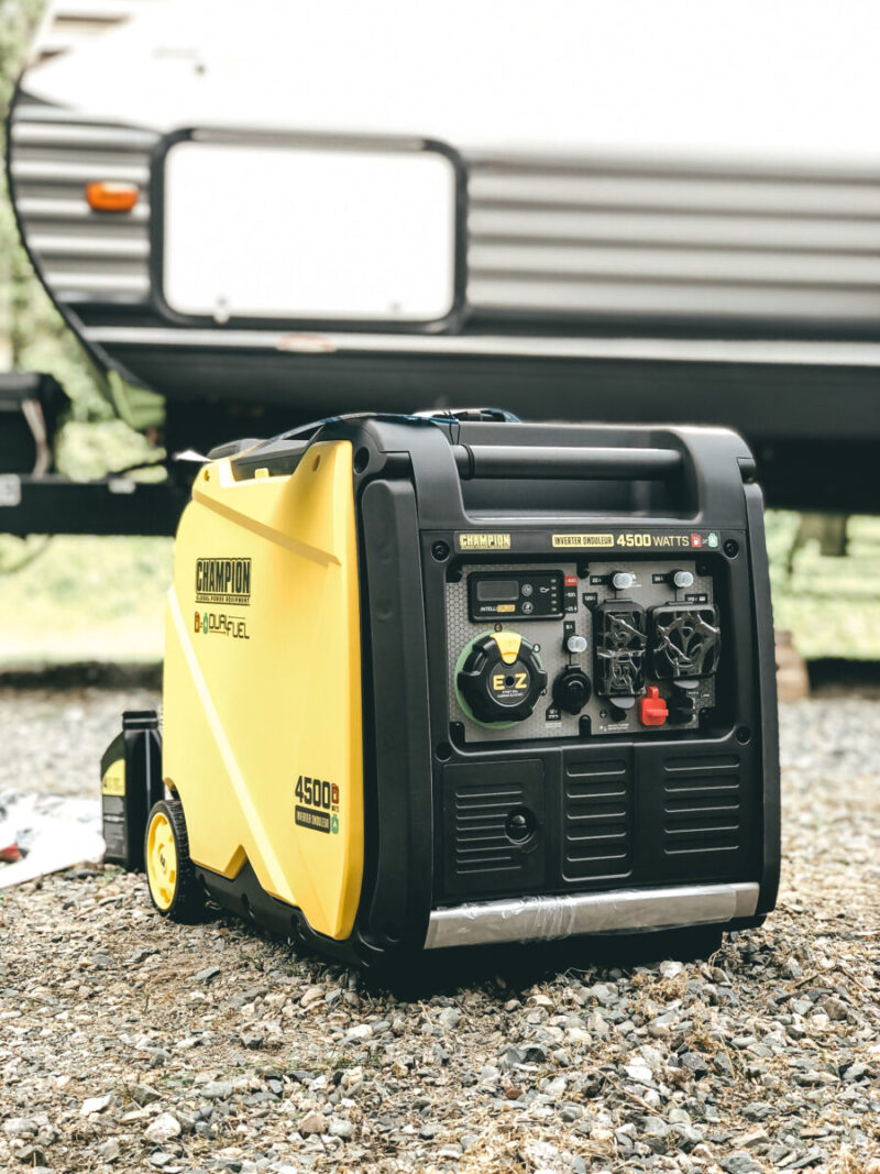 Review of the quietest most dependable generator for RV camping - the Champion 4500-Watt Duel Fuel Inverter Portable Generator is powerful and easy to use! Family camping | RVing | Camper Trailer | Boondock | Boondocking | Canadian Living | Northern Ontario | Champion Generators | Price | Review | Setup | Off-Grid | Glamping | Family Travel |