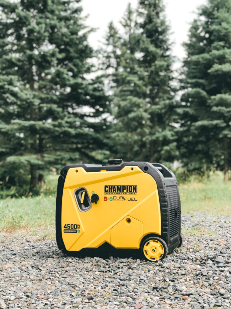 Review of the quietest most dependable generator for RV camping - the Champion 4500-Watt Duel Fuel Inverter Portable Generator is powerful and easy to use! Family camping | RVing | Camper Trailer | Boondock | Boondocking | Canadian Living | Northern Ontario | Champion Generators | Price | Review | Setup | Off-Grid | Glamping | Family Travel |