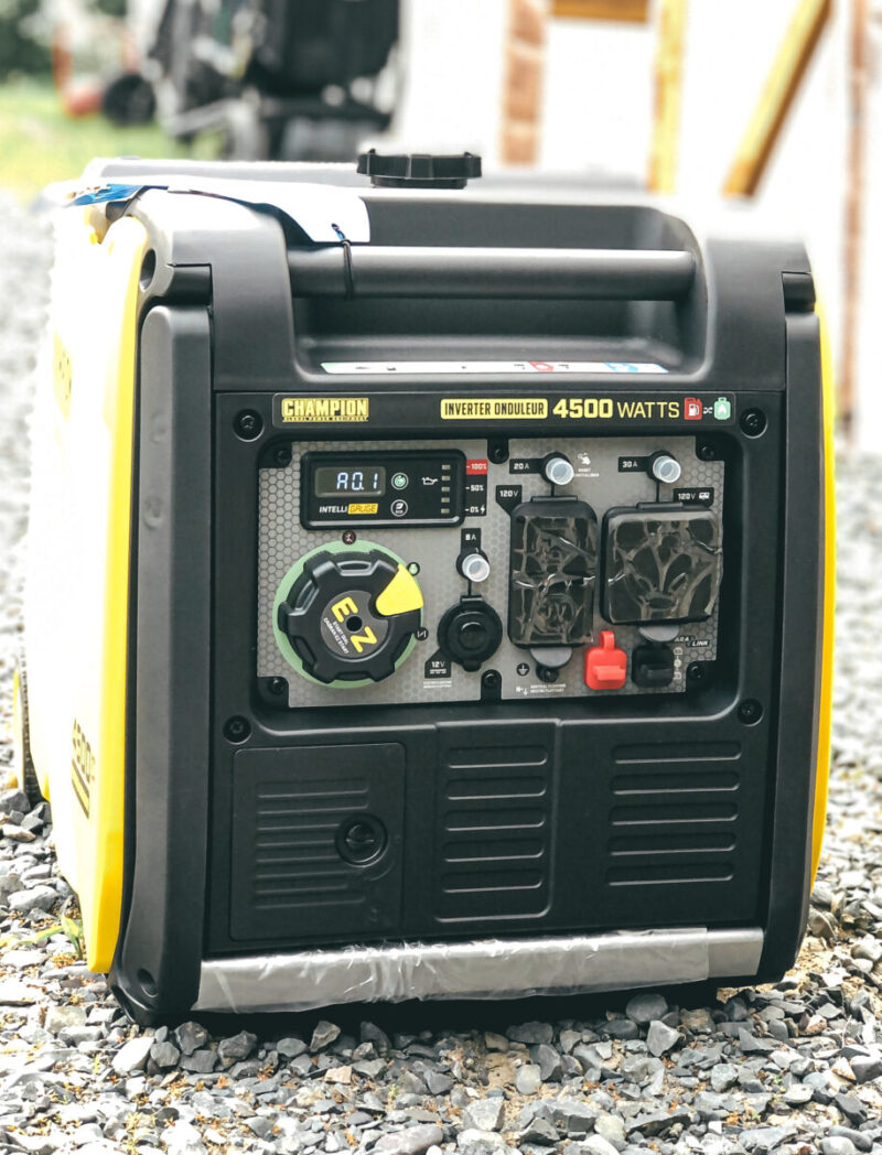 Review of the quietest most dependable generator for RV camping - the Champion 4500-Watt Duel Fuel Inverter Portable Generator is powerful and easy to use! Family camping | RVing | Camper Trailer | Boondock | Boondocking | Canadian Living | Northern Ontario | Champion Generators | Price | Review | Setup | Off-Grid | Glamping | Family Travel |