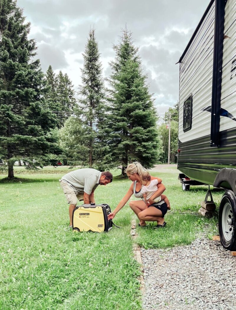 Review of the quietest most dependable generator for RV camping - the Champion 4500-Watt Duel Fuel Inverter Portable Generator is powerful and easy to use! Family camping | RVing | Camper Trailer | Boondock | Boondocking | Canadian Living | Northern Ontario | Champion Generators | Price | Review | Setup | Off-Grid | Glamping | Family Travel |