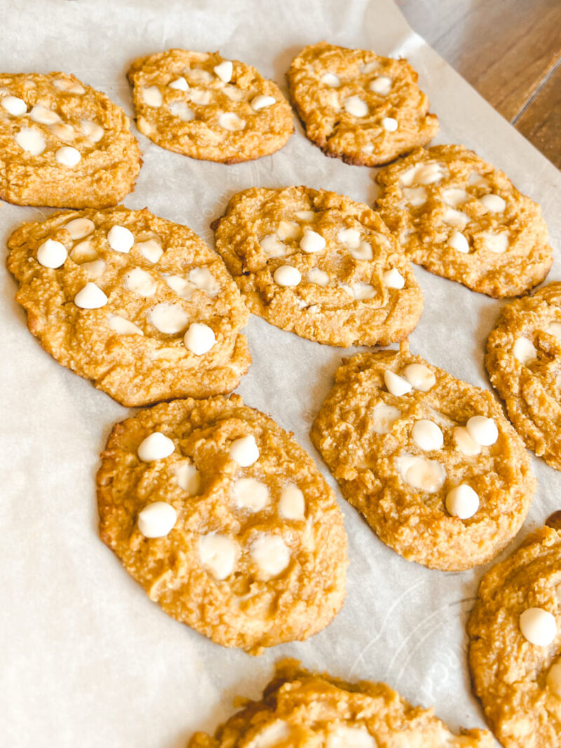 These keto pumpkin snickerdoodles are soft and chewy pumpkin spice cookies! A healthy snack or fall dessert that's gluten-free and low carb. Soft Baked Cookies | Snickerdoodle Cookies | Sugar Free | Grain Free | Ketogenic | Pumpkin Puree | White Chocolate Chips | Fall Recipe | Fall Dessert | Healthy Snacks | Pumpkin Pie Spice | Thanksgiving |