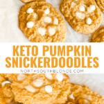 These keto pumpkin snickerdoodles are soft and chewy pumpkin spice cookies! A healthy snack or fall dessert that's gluten-free and low carb. Soft Baked Cookies | Snickerdoodle Cookies | Sugar Free | Grain Free | Ketogenic | Pumpkin Puree | White Chocolate Chips | Fall Recipe | Fall Dessert | Healthy Snacks | Pumpkin Pie Spice | Thanksgiving |