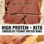 These chocolate peanut butter bars are made with collagen and protein powder. A sugar-free, gluten-free, keto friendly snack made in heaven! High protein | Healthy Chocolate Bars | Peanut Butter Bars | Dessert | Snack | Breakfast | Ketogenic | Fat bombs | Easy | Weight loss recipes |