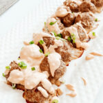 These turkey meatballs are juicy, full of flavour, and an easy low carb keto dinner or side dish with only a few simple ingredients! Gluten-Free, Paleo, Healthy, Meatballs, Side, Appetizer, Entree, Main Dish, Easy, Oven Baked, Ground Turkey, Garlic Aioli, Spicy Aioli, Dipping Sauce, Dip