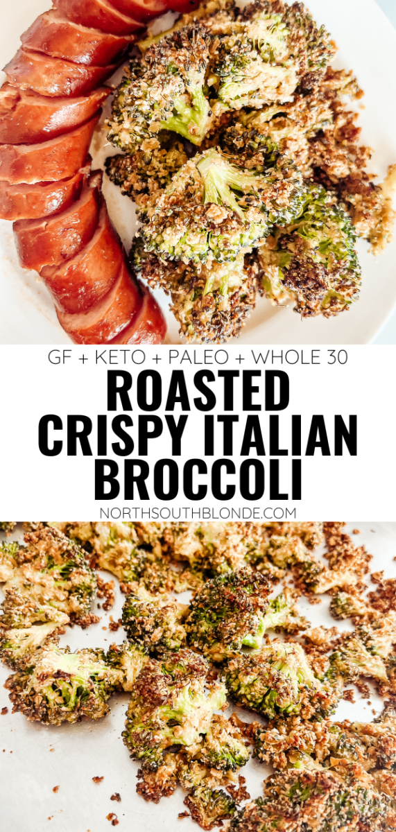 This oven roasted crispy Italian broccoli is a main dish or side dish that's satisfyingly filling. Gluten-free, keto, vegan, paleo, whole 30! Side dish, main dish, entree , dinner, lunch, easy, healthy, broccoli recipe, Italian seasoning, herbs, nutritional yeast recipes, crusted, crispy, oven baked, golden, crunchy