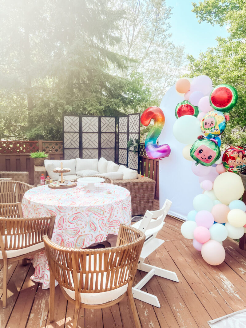 This Cocomelon themed birthday party is fun and easy to put together, perfect for any toddler. Amazon party decorations and all details here! Birthday Inso | Party Inspiration | Kids Birthday | Outdoors | Backyard Birthday Party | Patio | Deck | Home decor | Girls Birthday | Dress | Cocomelon Cake | Cookies | Display | Balloon Garland | Theme | Cotton Candy | Barbie Jeep | Ride-on Toys | Birthday Gift Idea