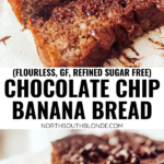 Flourless chocolate chip banana bread is an easy dessert recipe that's gluten-free and refined sugar free! Only a few simple ingredients.