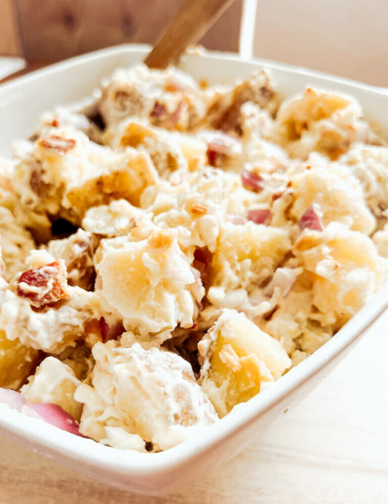 This bacon and cheddar loaded potato salad is creamy and delicious. An easy family friendly and gluten-free side dish to make for dinner. Potato Side Dishes, Dinner Sides, Potatoes, Simple Recipes, Easy Potato Recipe, Loaded Potatoes, Creamy Potato Salad Dressing, Family Dinners