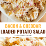 This bacon and cheddar loaded potato salad is creamy and delicious. An easy family friendly and gluten-free side dish to make for dinner. Potato Side Dishes, Dinner Sides, Potatoes, Simple Recipes, Easy Potato Recipe, Loaded Potatoes, Creamy Potato Salad Dressing, Family Dinners