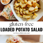 This bacon and cheddar loaded potato salad is creamy and delicious. An easy family friendly and gluten-free side dish to make for dinner. Potato Side Dishes, Dinner Sides, Potatoes, Simple Recipes, Easy Potato Recipe, Loaded Potatoes, Creamy Potato Salad Dressing, Family Dinners