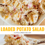 This bacon and cheddar loaded potato salad is creamy and delicious. An easy family friendly and gluten-free side dish to make for dinner. Potato Side Dishes, Dinner Sides, Potatoes, Simple Recipes, Easy Potato Recipe, Loaded Potatoes, Creamy Potato Salad Dressing, Family Dinners