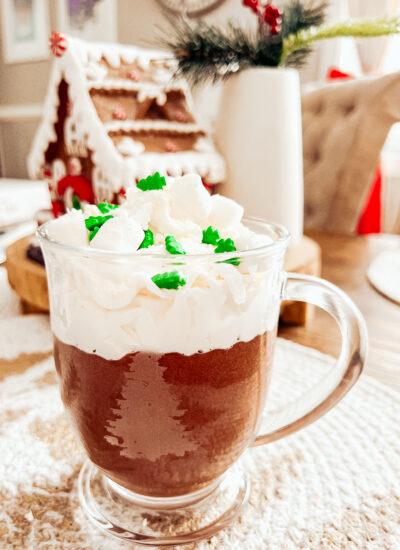 This high protein & low carb hot chocolate is a sugar free, festive hot cocoa that's quick and easy, made with an electric frother and vanilla protein powder.