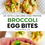 These delicious and healthy Broccoli Egg Bites to meal prep for a healthy breakfast. An egg muffin recipe that's low carb, keto & gluten-free. Cheddar Bacon Broccoli Breakfast Brunch Kids Toddlers Family Eggs Mini Quiche Cups Baked Make Ahead