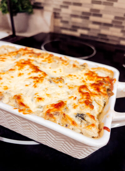 This easy Mushroom Spinach and Artichoke Dip is hearty, satisfying, and made with only a few ingredients. Creamy and delicious, serve as an appetizer or the perfect low carb, keto snack.