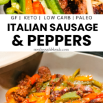 This Italian Sausage and Peppers recipe is full of flavour and an easy one pan dinner. Gluten-free, low carb, keto, paleo, and whole 30. Easy Dinners | One pot | One Pan Dinner Recipes | Main Dish | Easy Dinner Recipes | Easy and Healthy | Family Dinner | Italian Dishes | Italian Cooking | Vegetables | High Fibre | Easy Dinner