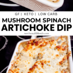 This easy Mushroom Spinach and Artichoke Dip is hearty, satisfying, and made with only a few ingredients. Creamy and delicious, serve as an appetizer or the perfect low carb, keto snack. Game Night Get Together Holiday Snack Dips Oven Baked Cheesy Healthy Easy Appetizers Family gatherings