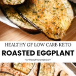 This Oven Roasted Eggplant with garlic and parmesan is baked to perfection and served with a Mediterranean dip. Delicious, healthy, and a quick and easy dinner or side dish that's gluten-free, low carb and keto friendly. Dinner Recipes | Dinner Side Dish | Greek Recipes | Italian Recipes | Eggplant Recipe | Oven Baked | Homemade Dip | Appetizer | Healthy Meals | Easy Dinners